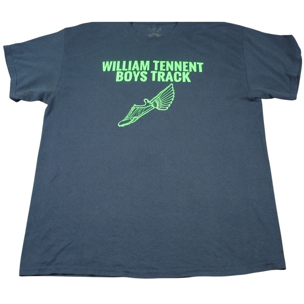 William Tennent Boys Track T-Shirt Large Blue Neon Green We Don't Play We Run